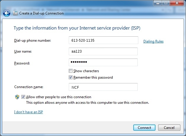how to create a dialup connection in windows 7