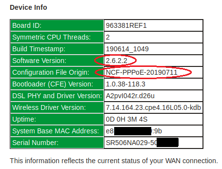 SmartRG SR506n Firmware version check on Device Info Page