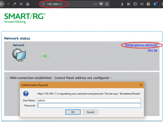 SmartRG SR505n Login Page