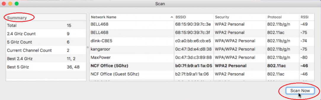 Wireless Diagnostics utility on MacOS- Scan Window