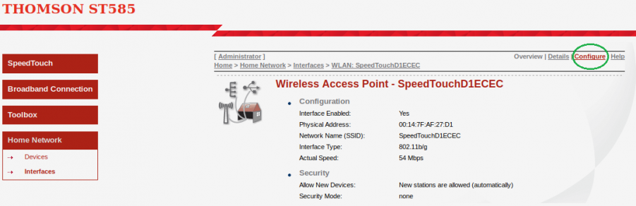 Speedtouch ST585 WiFi Configuration Selection