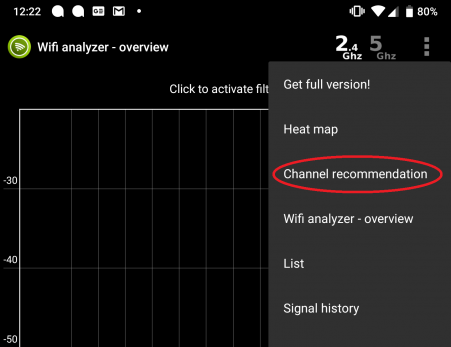 WiFi Analyzer by WebProvider - Channel Recommendation Selection